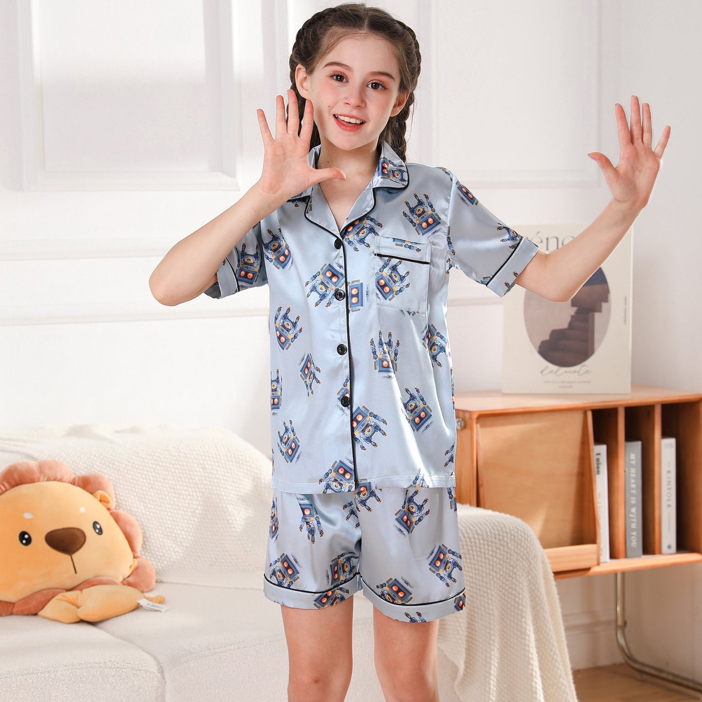 Girl's  Satin Pajama Set Short Top Classic Sleepwear with Short pants-KJ455T-130