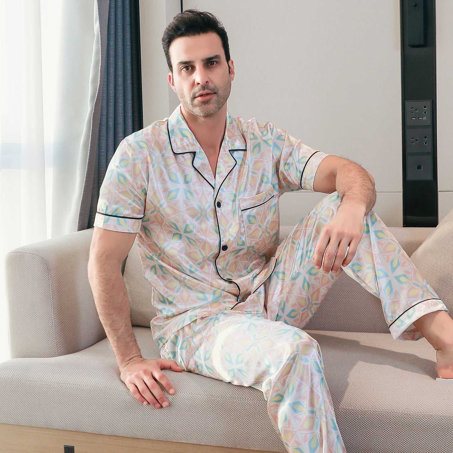 Men's Classic Silk Pajama Set Short Top & Long Pants Button Loungewear-KJ5050-M