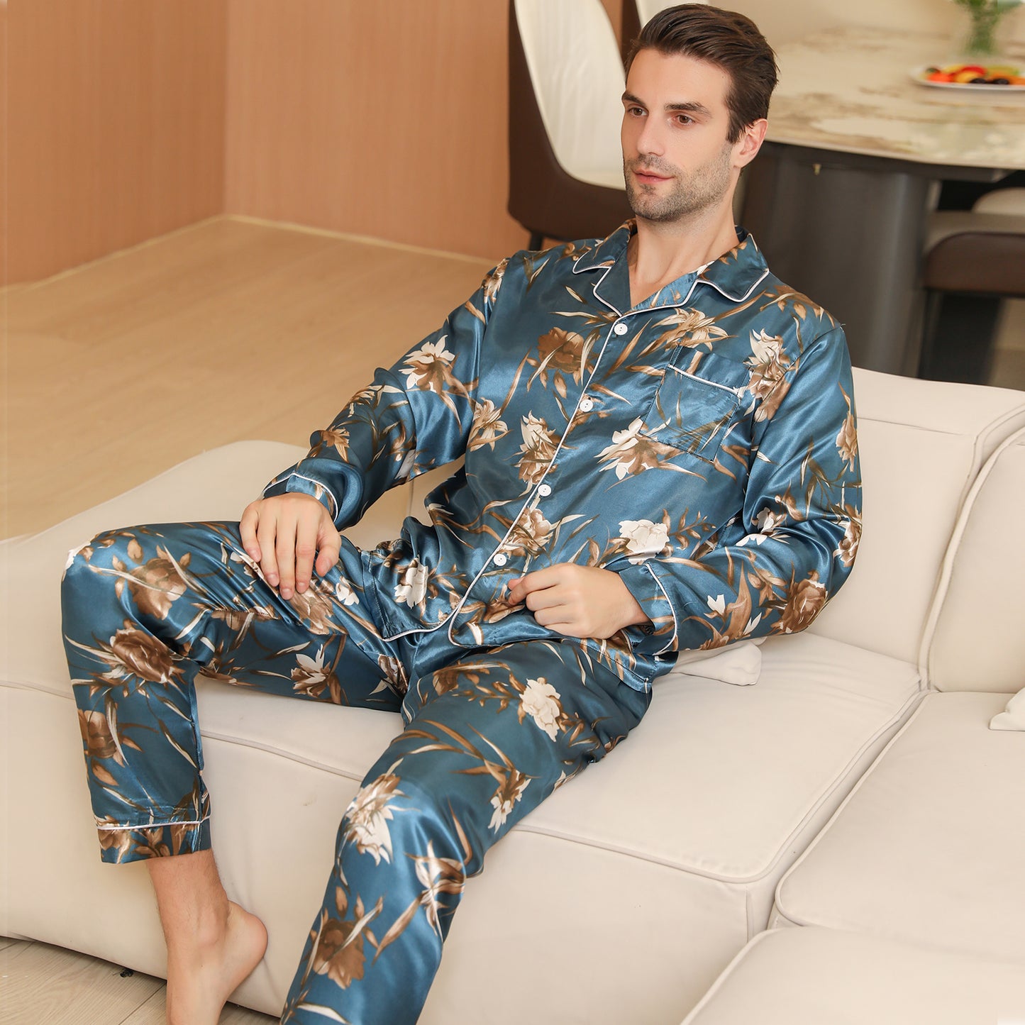 Men Satin Pajamas Set Long Sleeve & Long Pants Sleepwear with Pockets-KJ2034-M