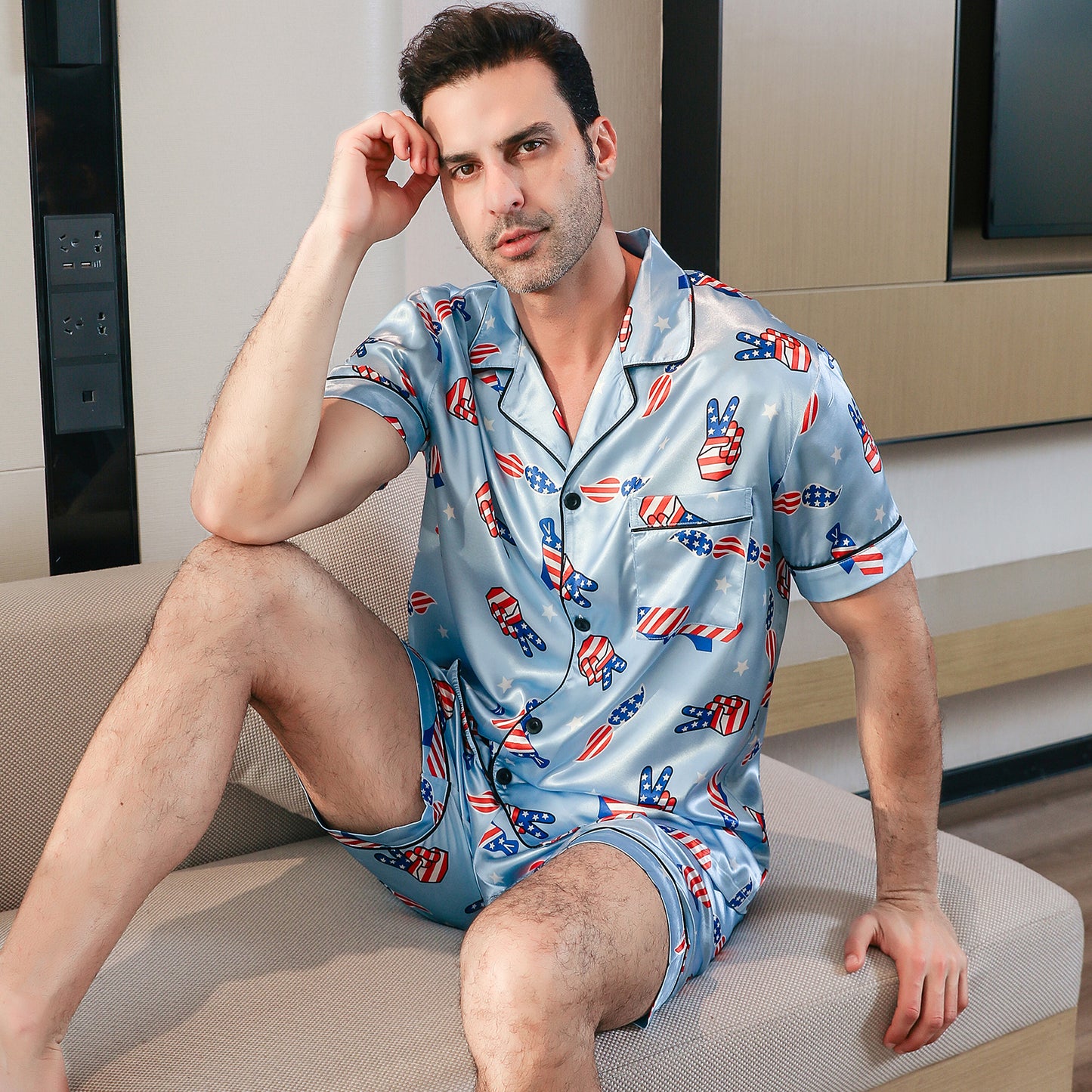 Men's  Silk Pajama Set Short Top & short Pants  Loungewear-KJ4048-M