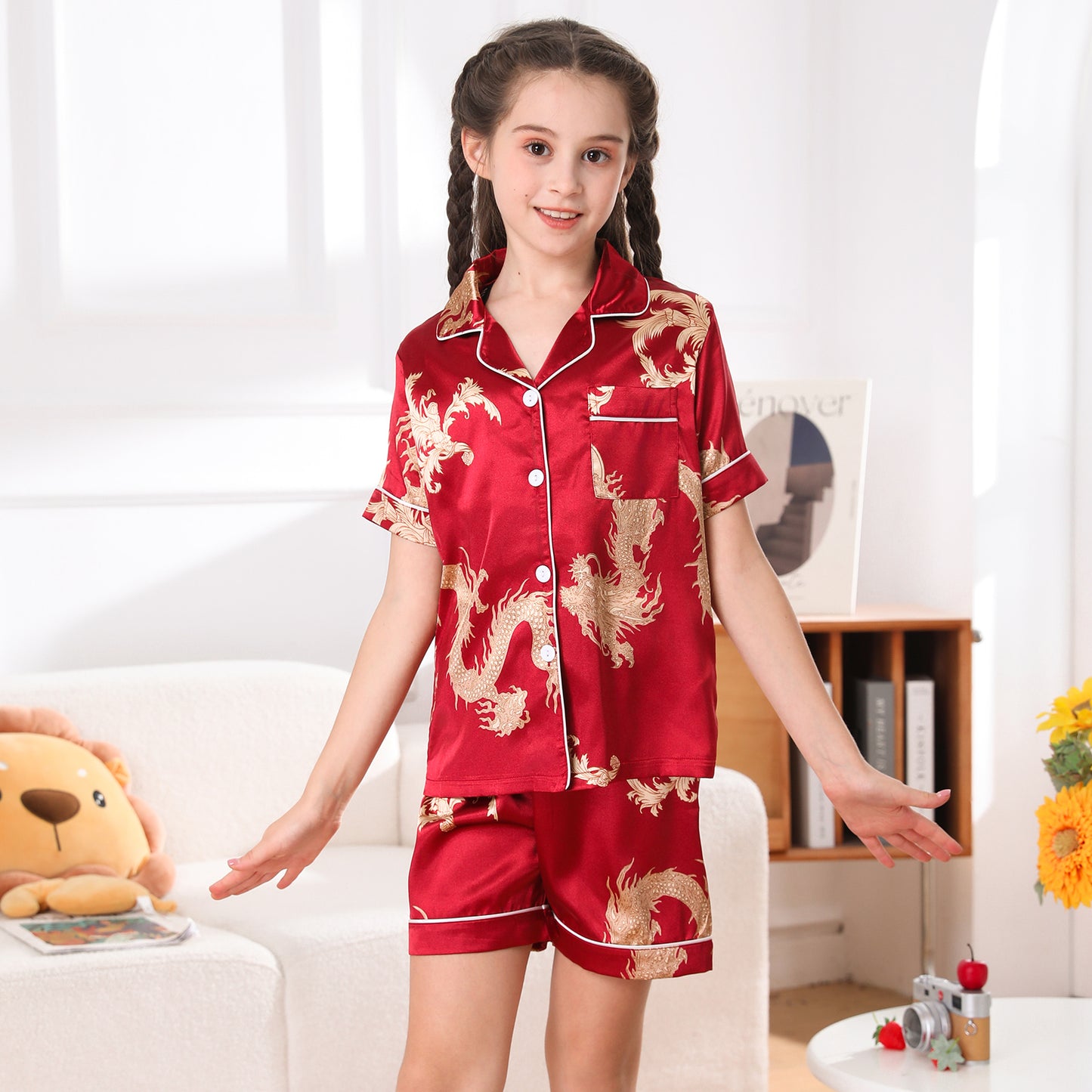 Girl's  Satin Pajama Set Short Top Classic Sleepwear with Short pants-KJ410T-130