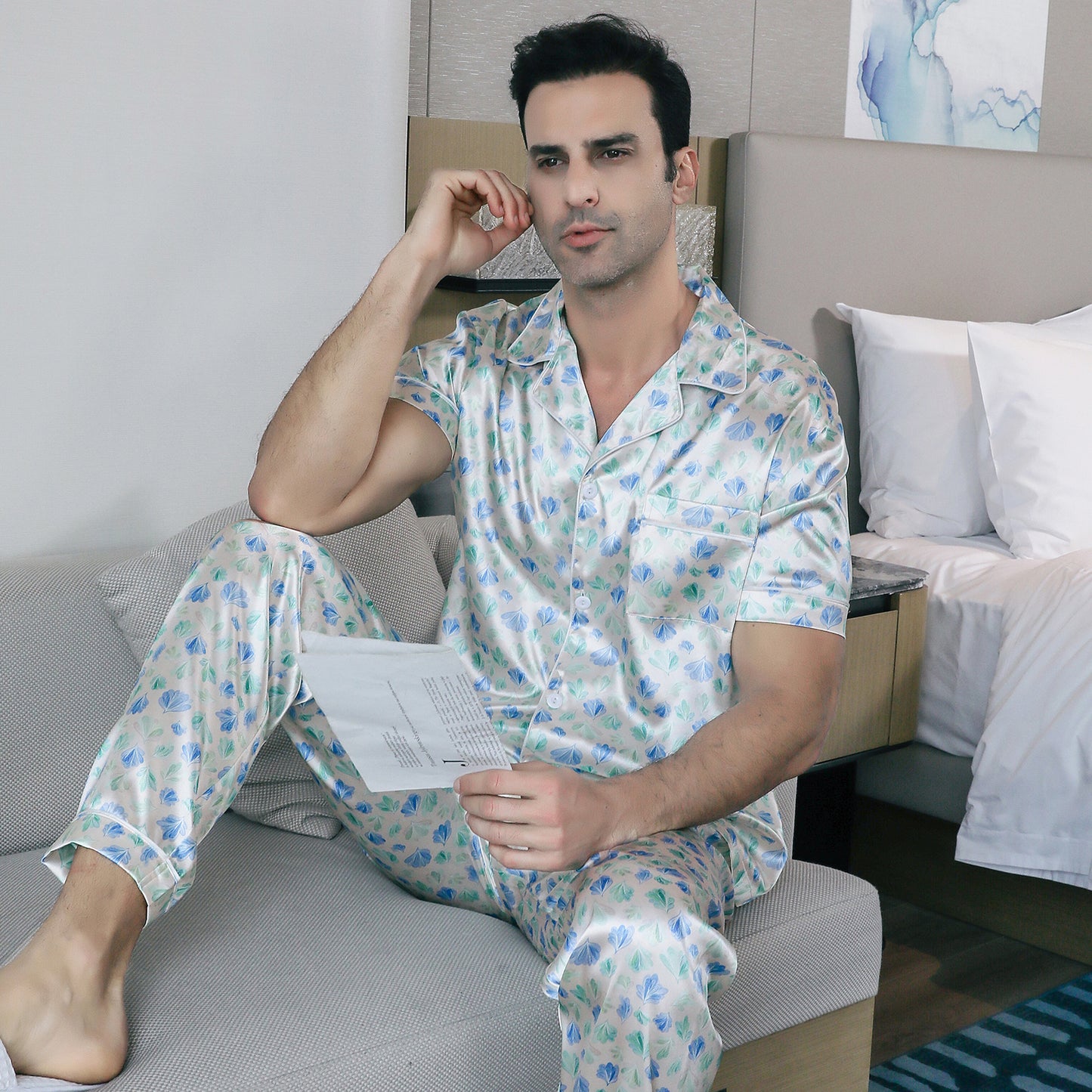 Men's Silky Satin Pajama Set Short Top Classic Sleepwear with Long Pants-KJ5017-M