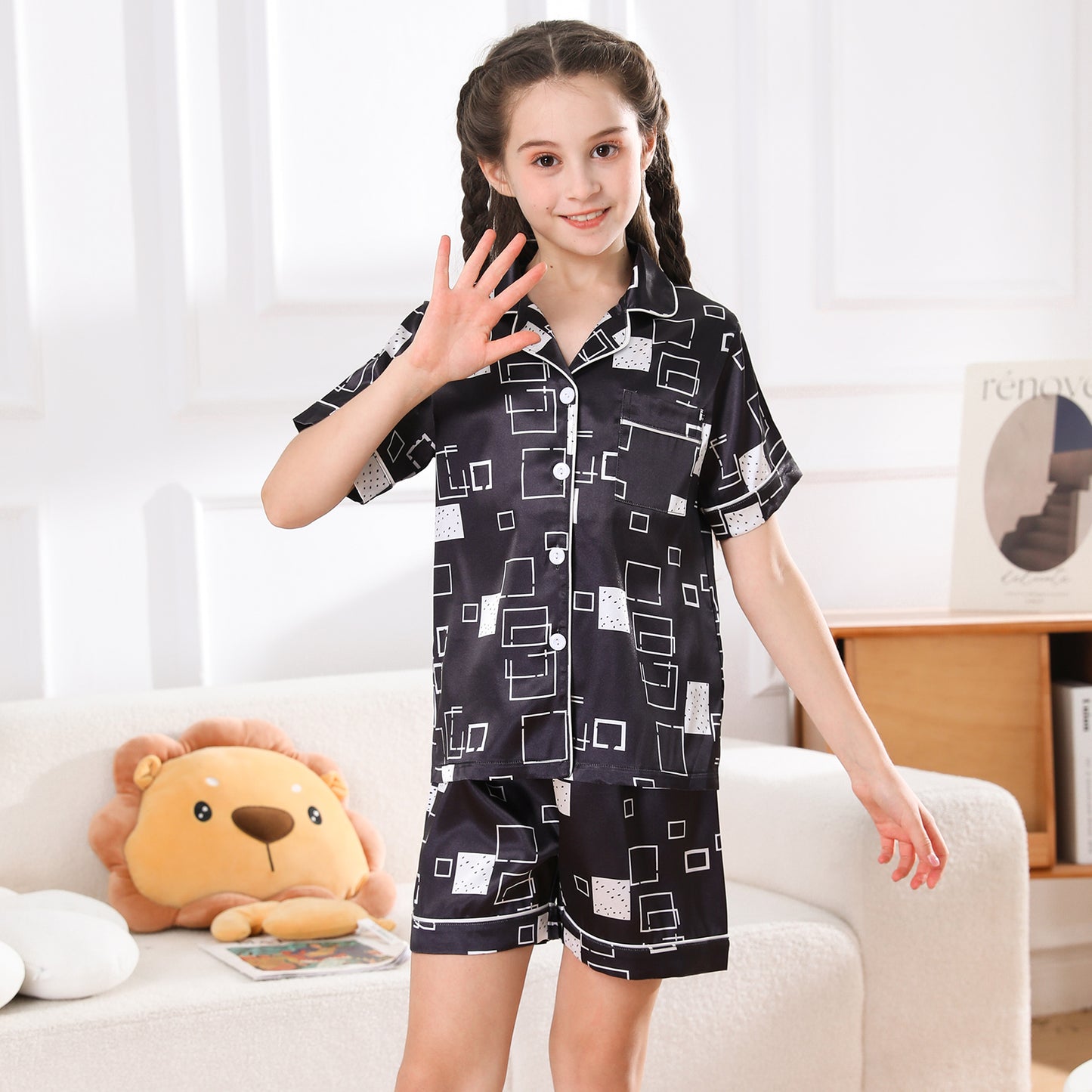 Girl's  Satin Pajama Set Short Top Classic Sleepwear with Short pants-KJ421T-130