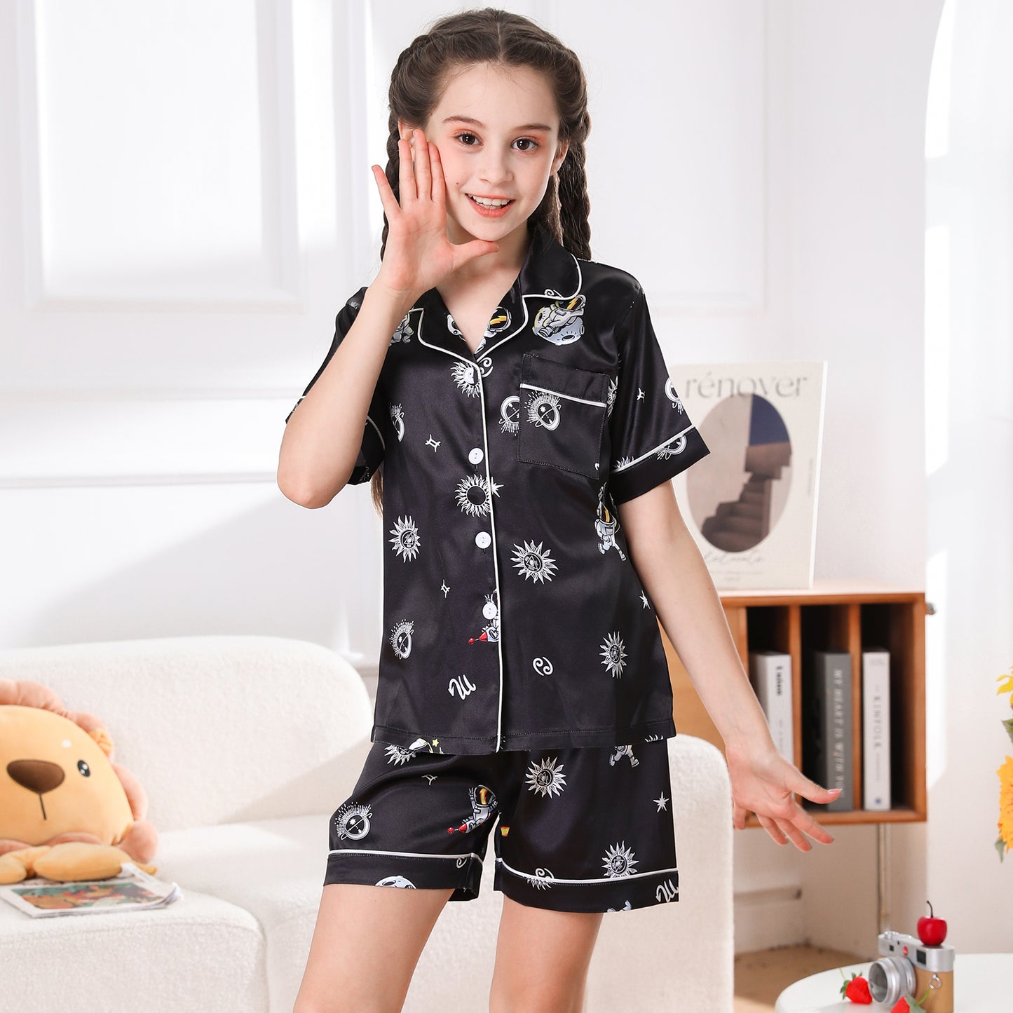 girls Silky Pajamas Set Short Top & Short pants -KJ419T-130