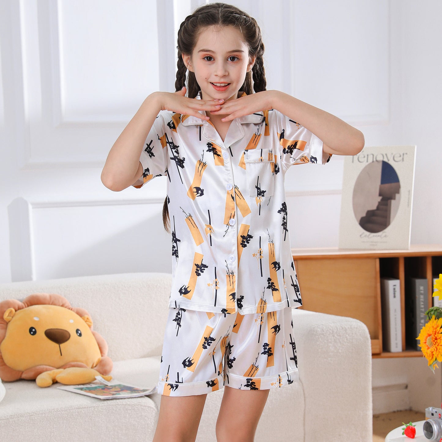 children's Satin Pajamas Set Short Sleeve & Short pants Sleepwear with Pockets-KJ426T-130