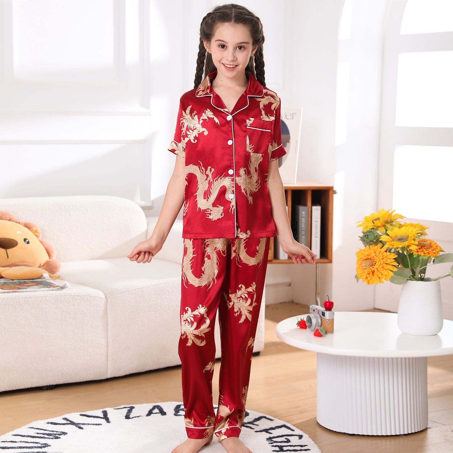 Girl's  Satin Pajama Set Short Top Classic Sleepwear with long pants-KJ510T-130