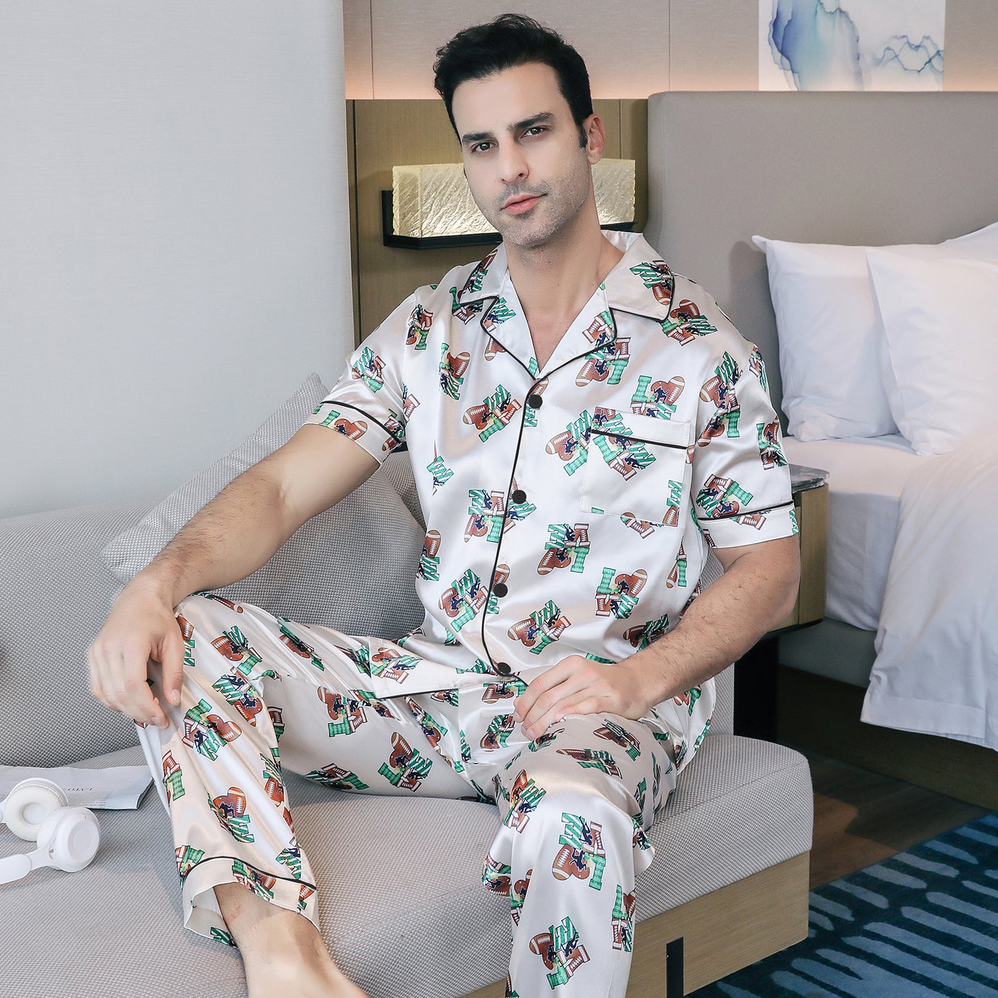 Mens Silky Pajamas Set Short Sleeve Top and Long pants Nightwear-KJ5008-M