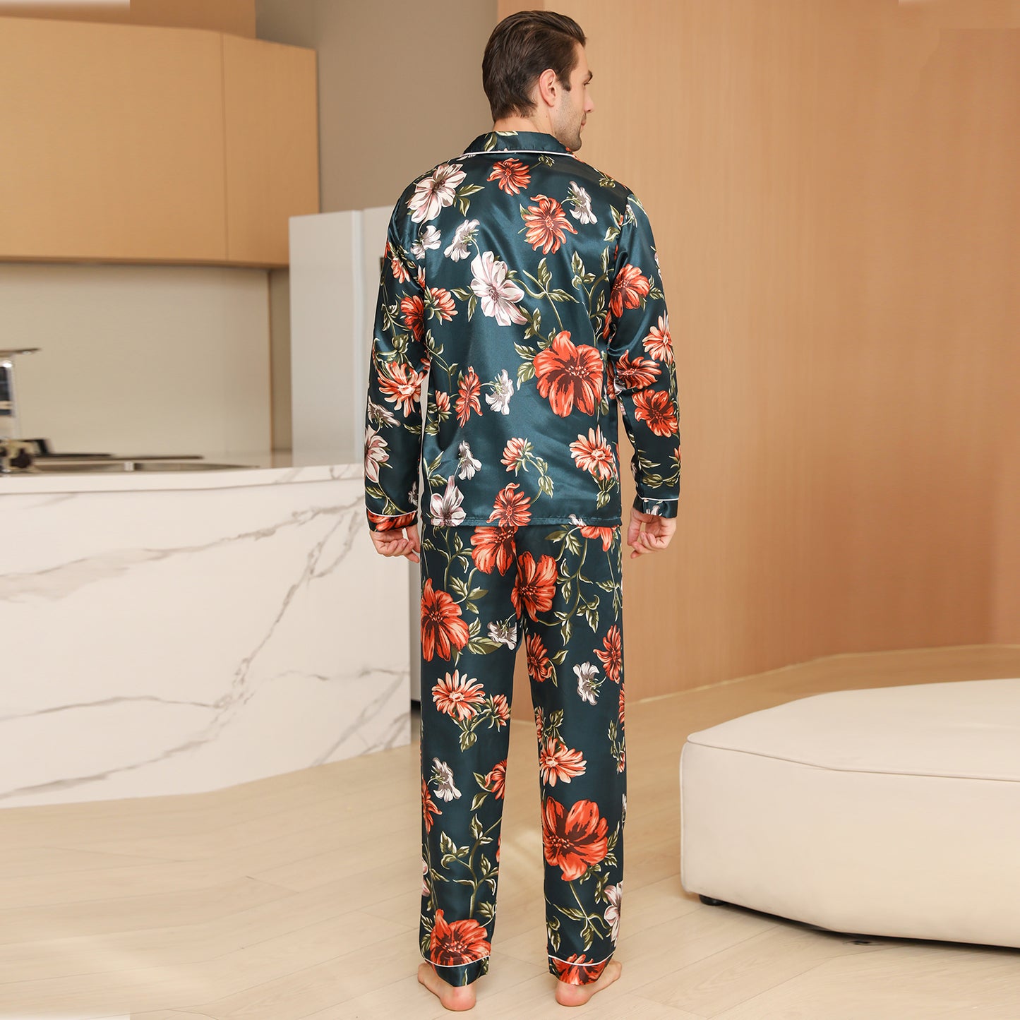 Men Satin Pajamas Set Long Sleeve & Long Pants Sleepwear with Pockets-KJ2032-M