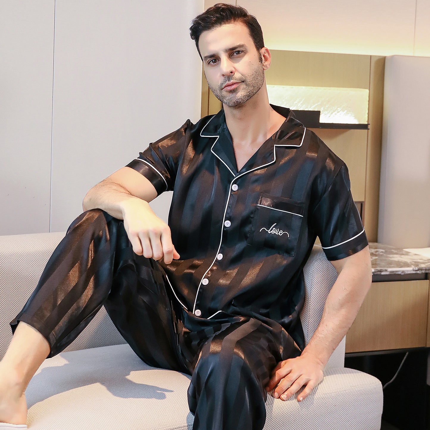 Mens Silky Pajamas Set Short Sleeve Top and Long pants Nightwear-KJ5004-M