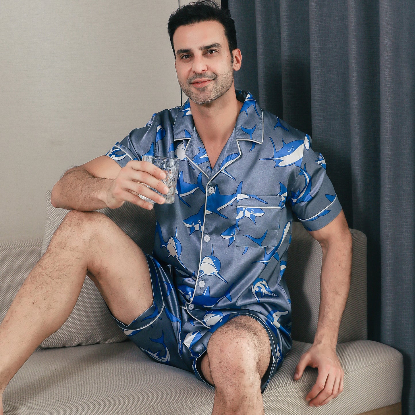 Men Satin Pajamas Set Short Sleeve & short Pants Sleepwear with Pockets-KJ4041-M