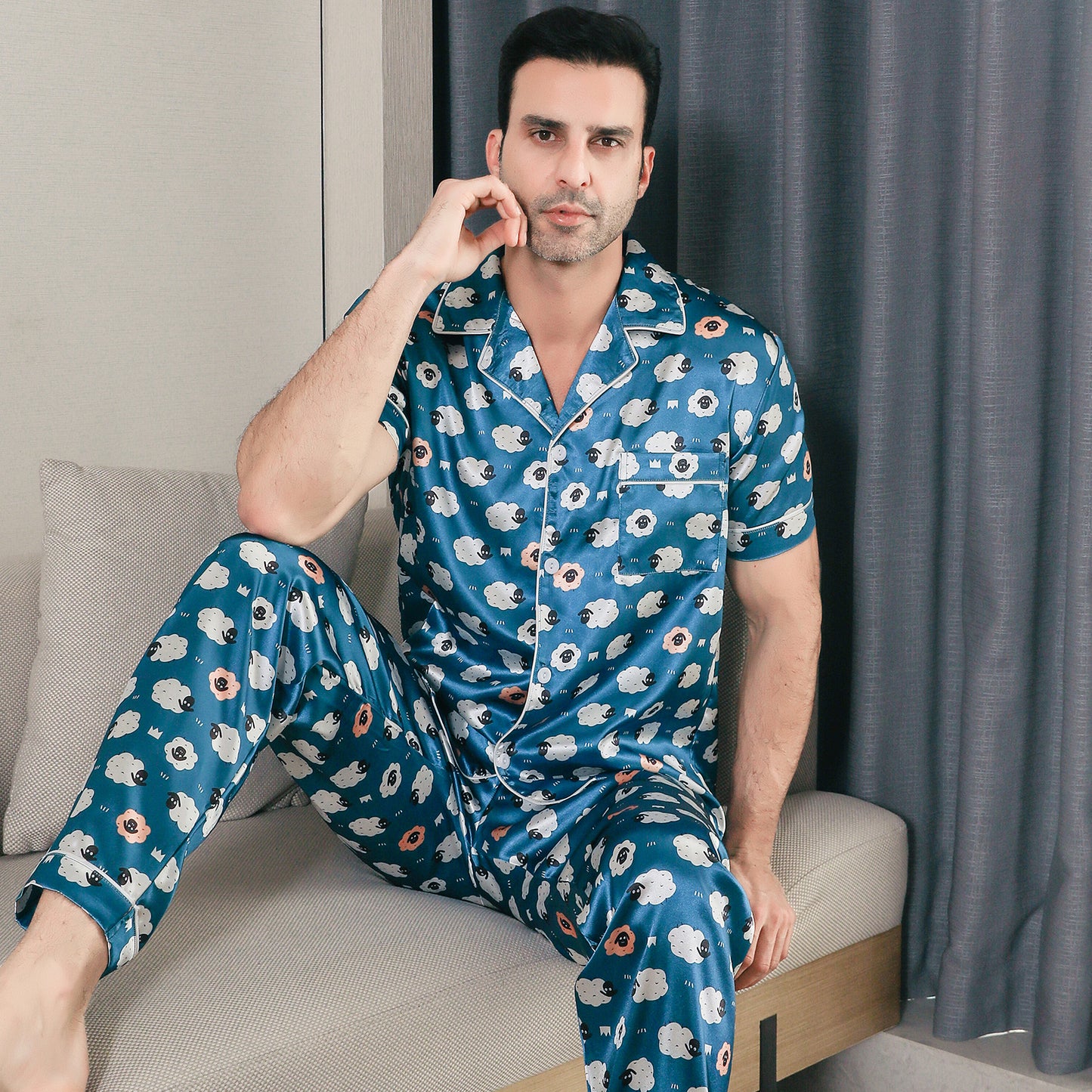 Men Satin Pajamas Set Short Sleeve & Long Pants Sleepwear with Pockets-KJ5043-M