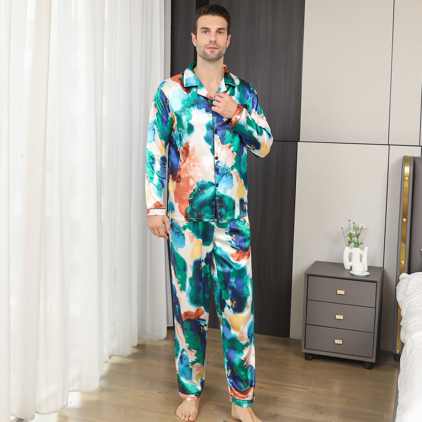 Mens Pajama Set Long Sleeve Sleepwear Silky Loungewear with Long Pants-KJ2026-M