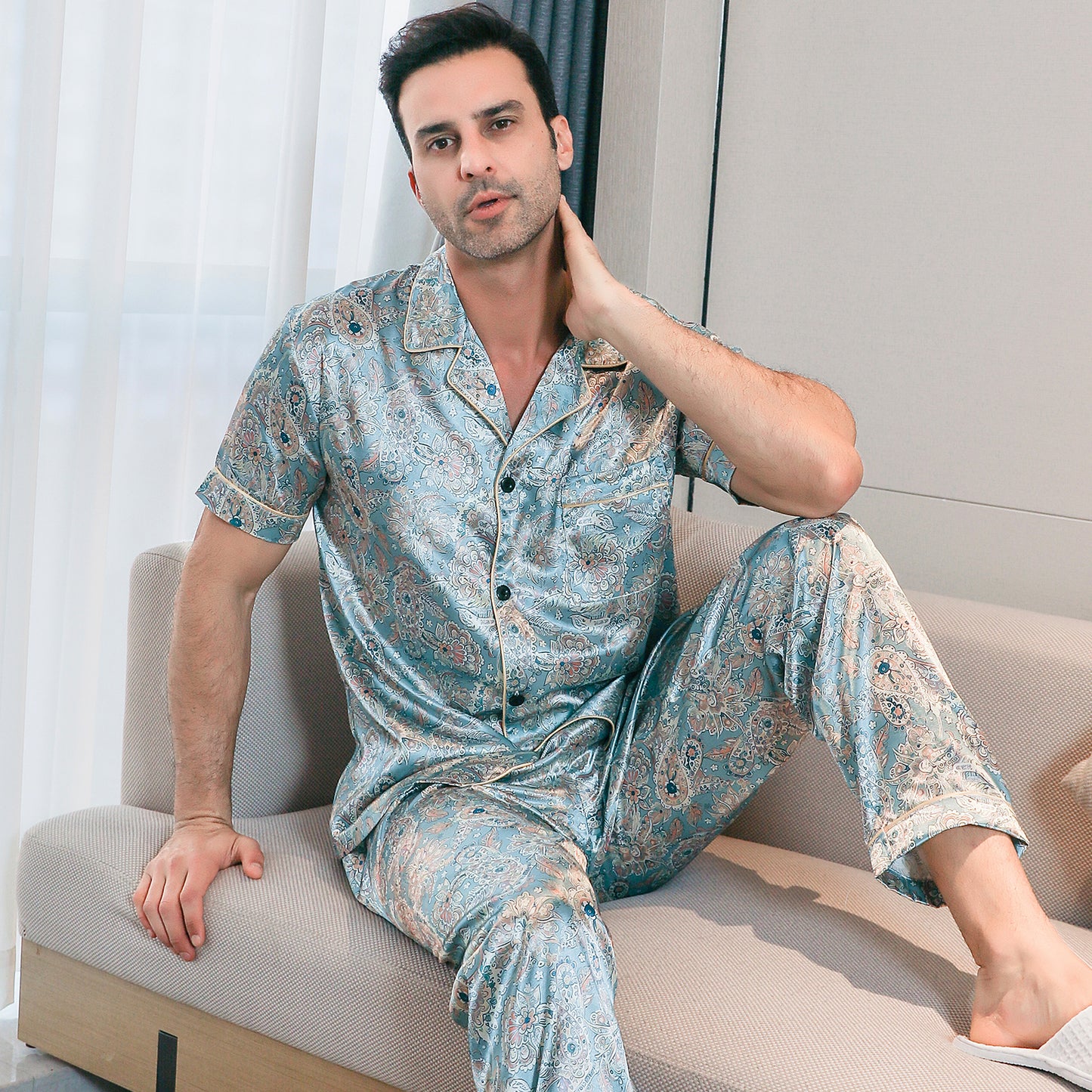 Men's Classic Silk Pajama Set Short Top & Long Pants Button Loungewear-KJ5054-M