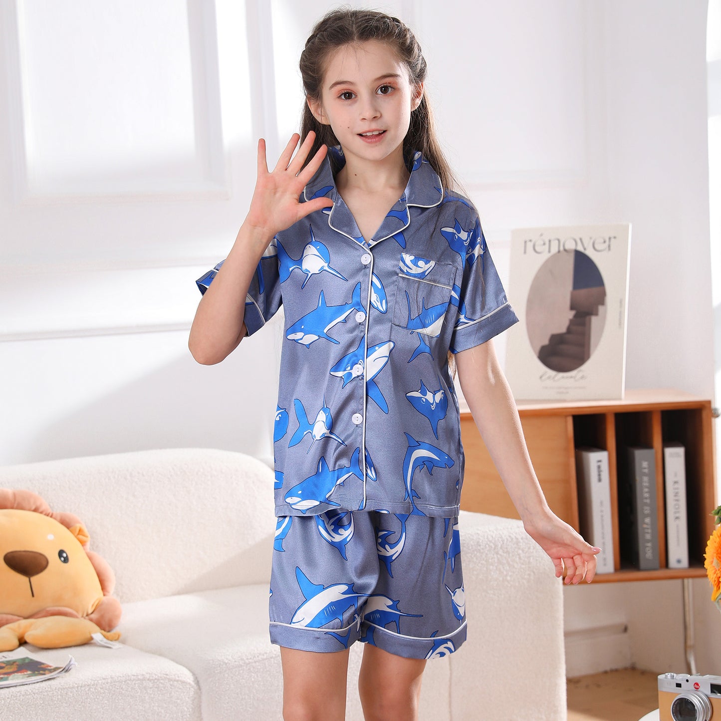 Girl's  Satin Pajama Set Short Top Classic Sleepwear with Short pants-KJ422T-130