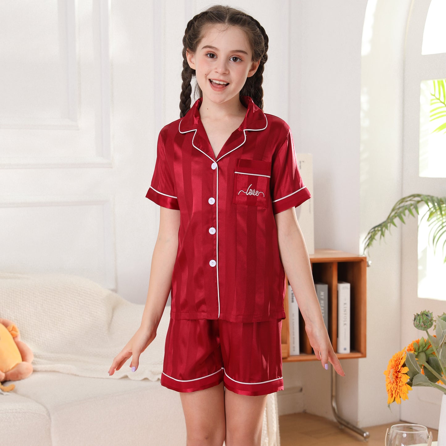 Girl's  Silk Pajama Set Short Top & Short pants  Loungewear-KJ459T-130