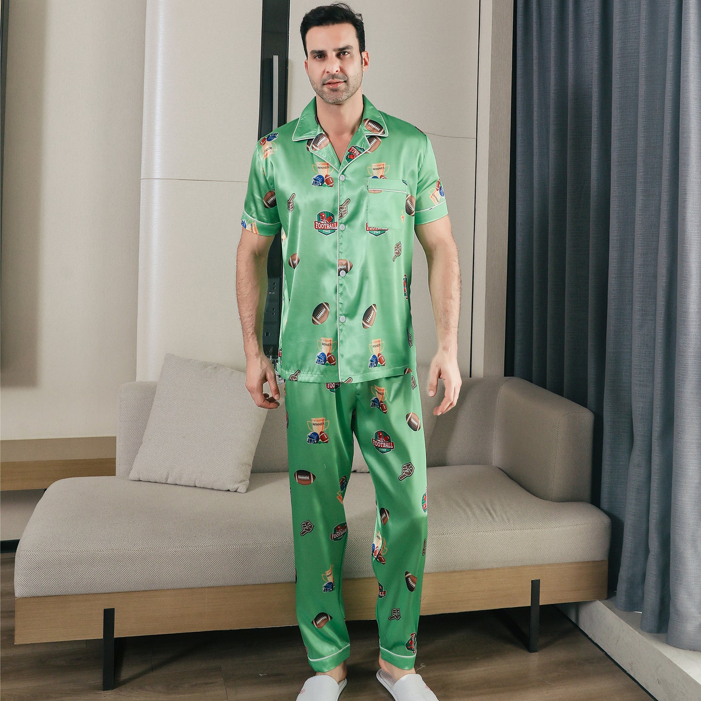 Men Satin Pajamas Set Short Sleeve & Long Pants Sleepwear with Pockets-KJ5042-M