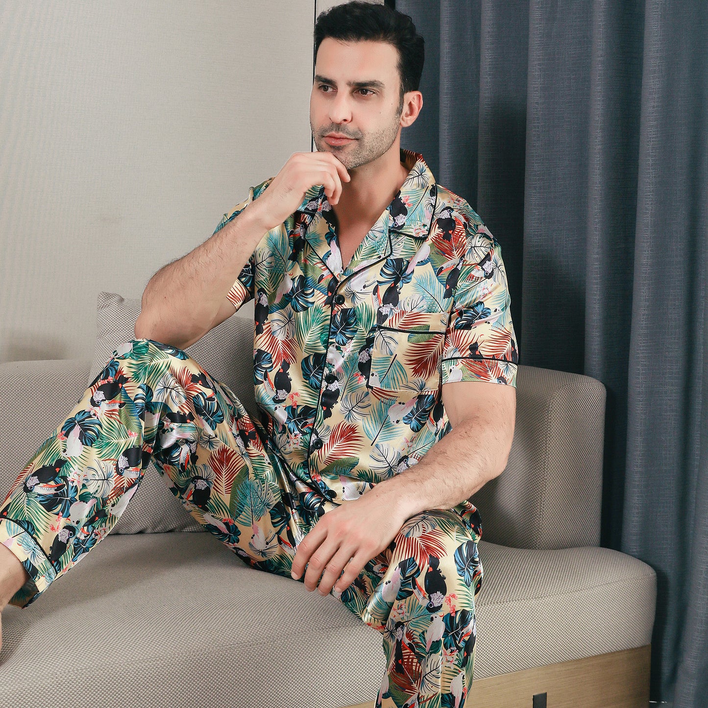 Men Satin Pajamas Set Short Sleeve & Long Pants Sleepwear with Pockets-KJ5040-M