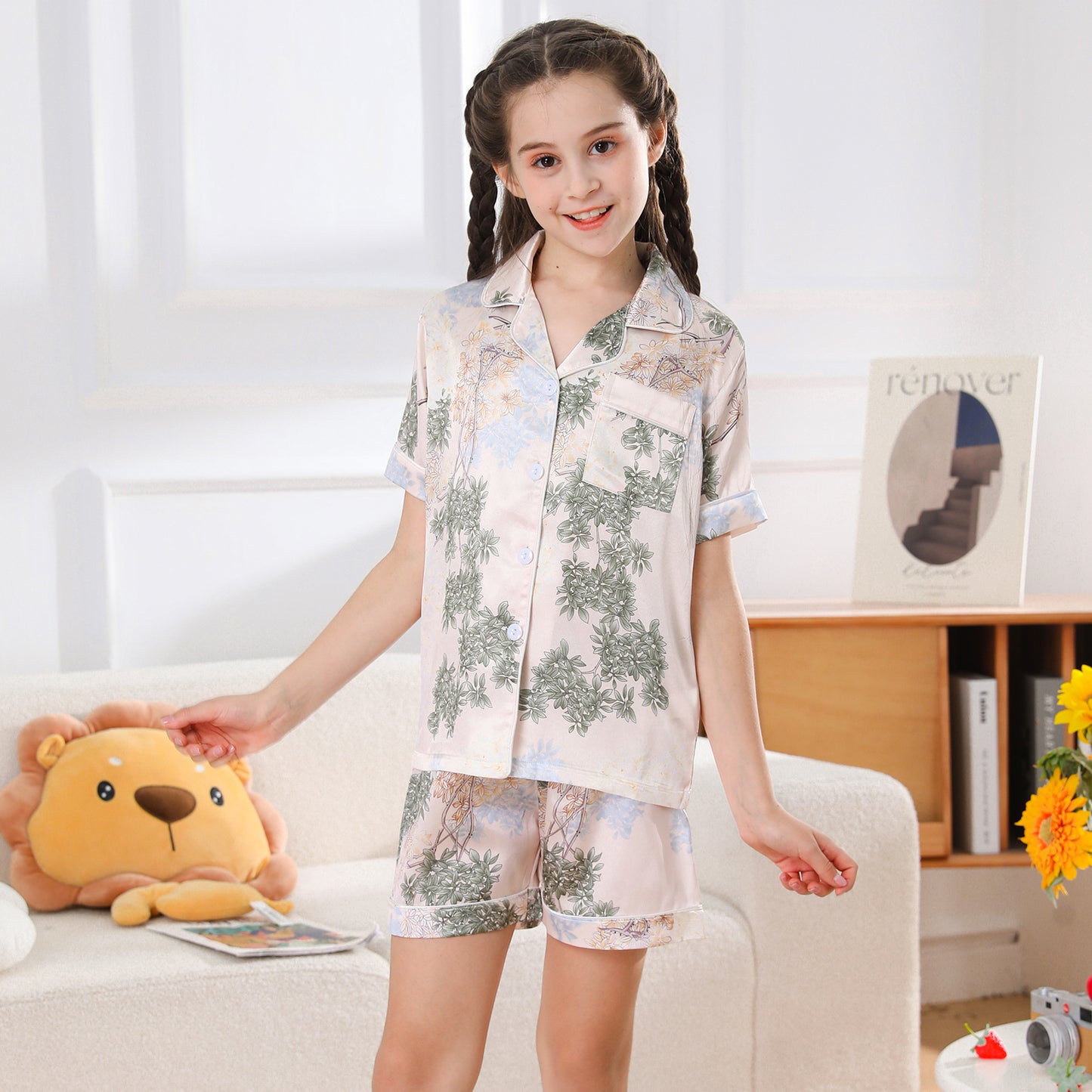 Girl's  Satin Pajama Set Short Top Classic Sleepwear with Short pants-KJ437T-130