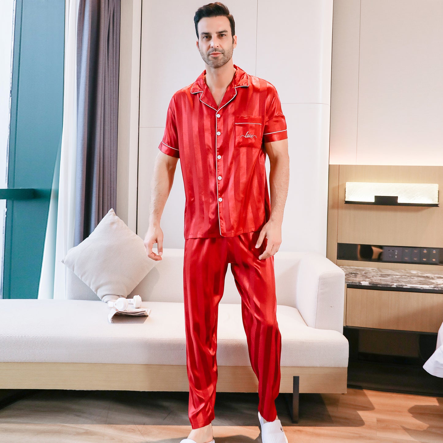 Mens Silky Pajamas Set Short Sleeve Top and Long pants Nightwear-KJ5005-M