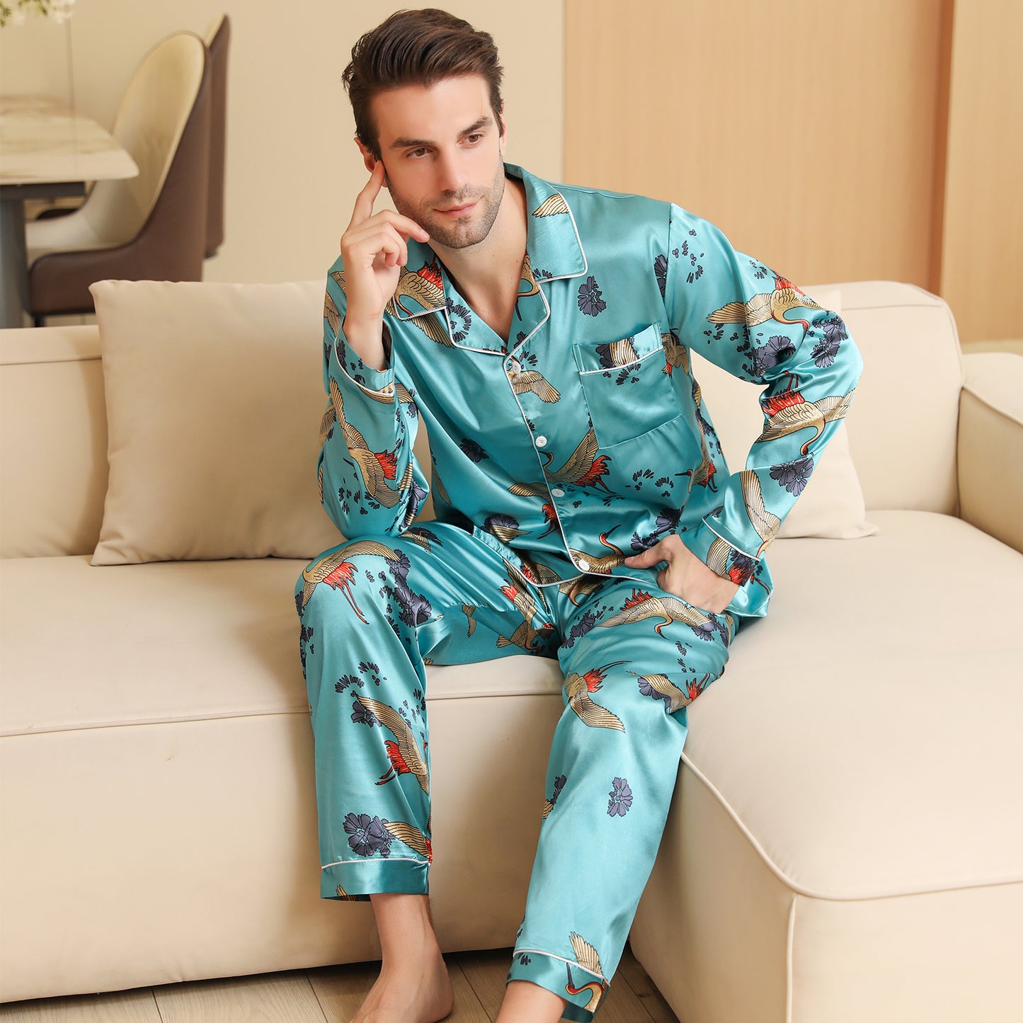 Men Satin Pajamas Set Long Sleeve & Long Pants Sleepwear with Pockets-KJ2035-M