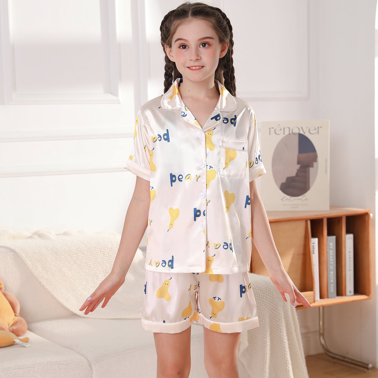 Girl's  Satin Pajama Set Short Top Classic Sleepwear with Short pants-KJ452T-130