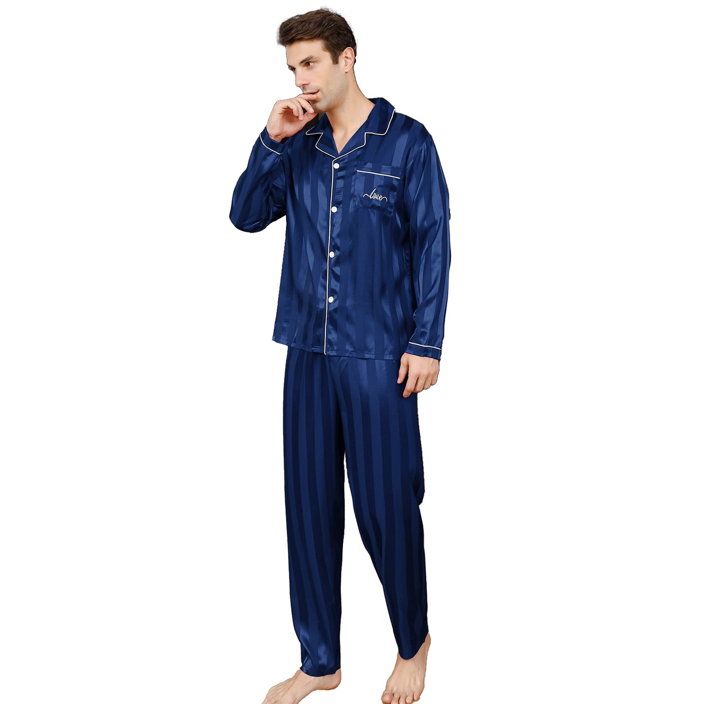 Men's Silky Satin Pajama Set Long Top Classic Sleepwear with Long Pants-KJ2025-M