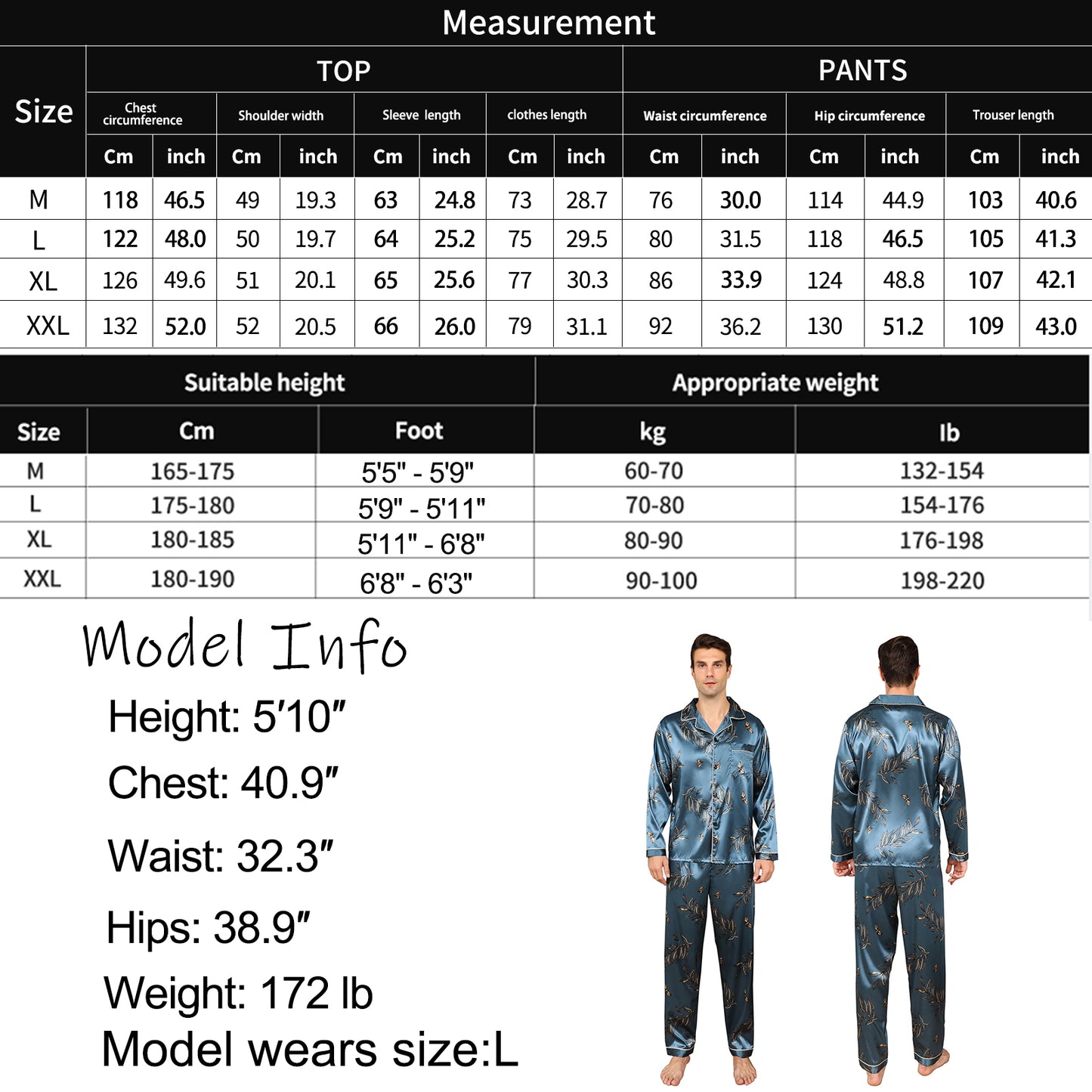 Men's Silky Satin Pajama Set Long Top Classic Sleepwear with Long Pants-KJ2014-M