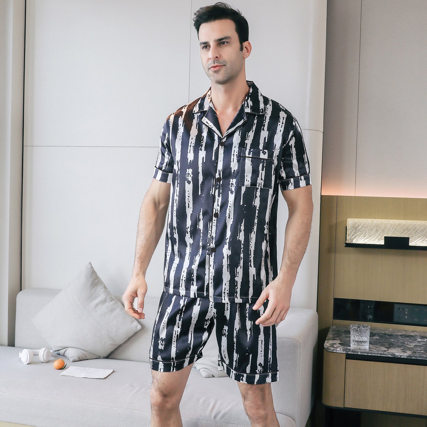 Mens Silky Pajamas Set Short Top & short pants Nightwear-KJ4009-M