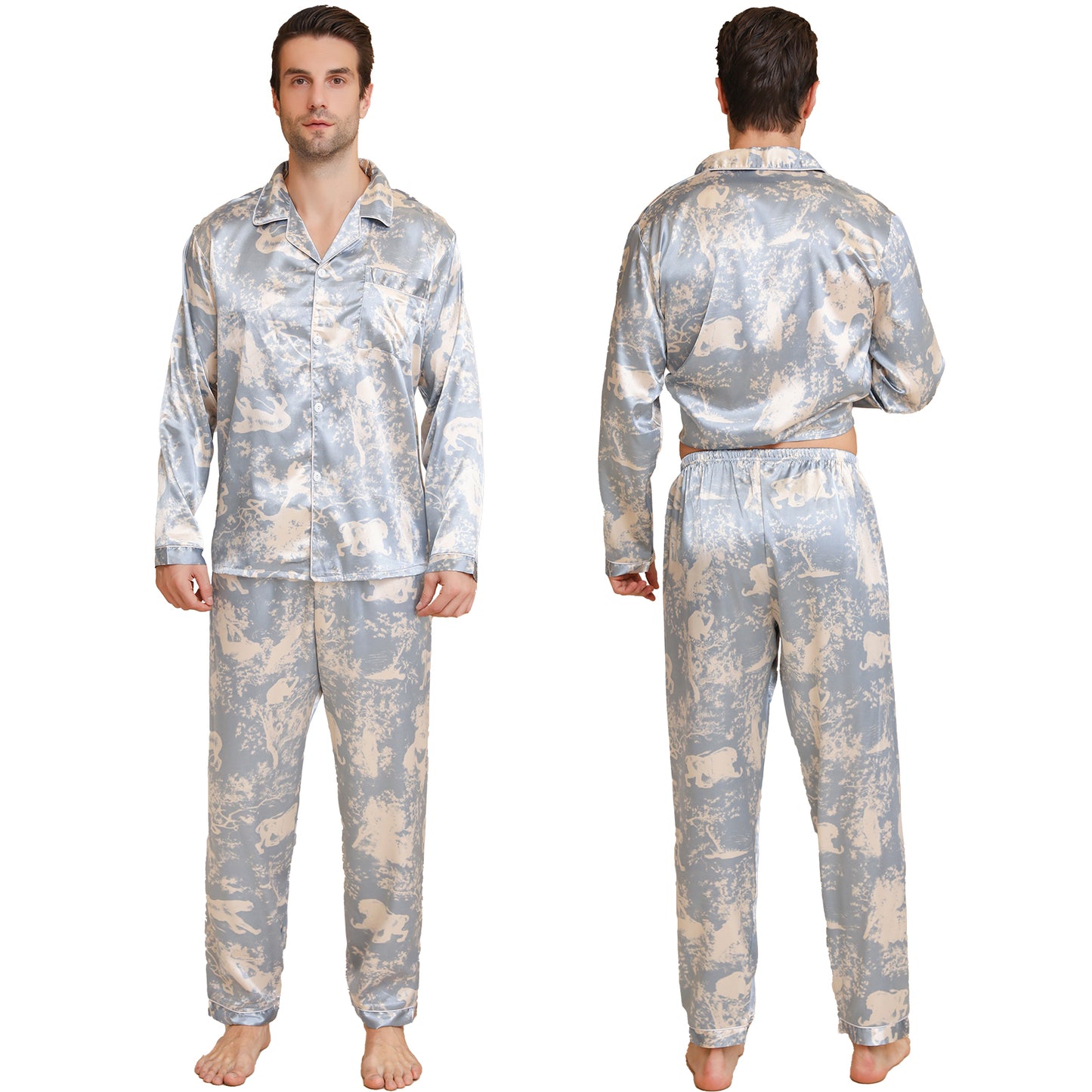 Men Satin Pajamas Set Long Sleeve & Long Pants Sleepwear with Pockets-KJ2039-M