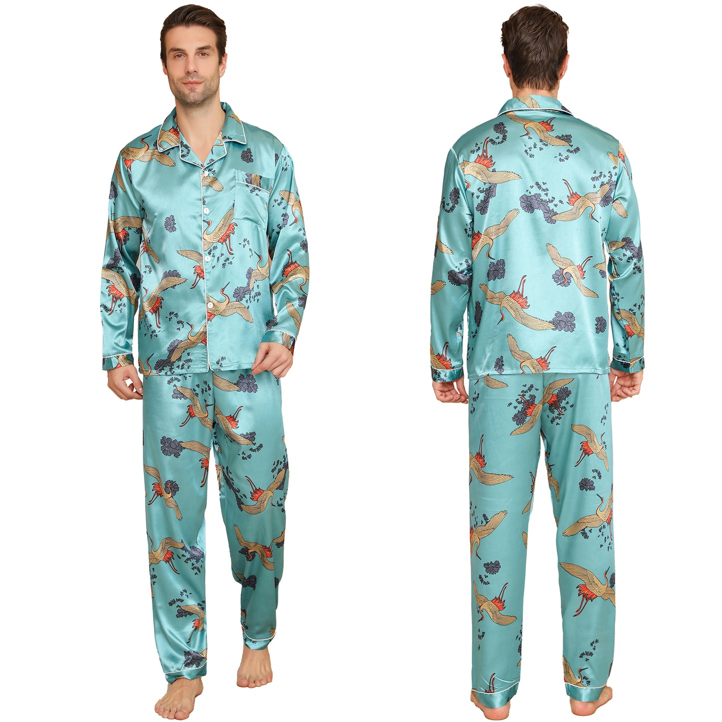 Men Satin Pajamas Set Long Sleeve & Long Pants Sleepwear with Pockets-KJ2035-M