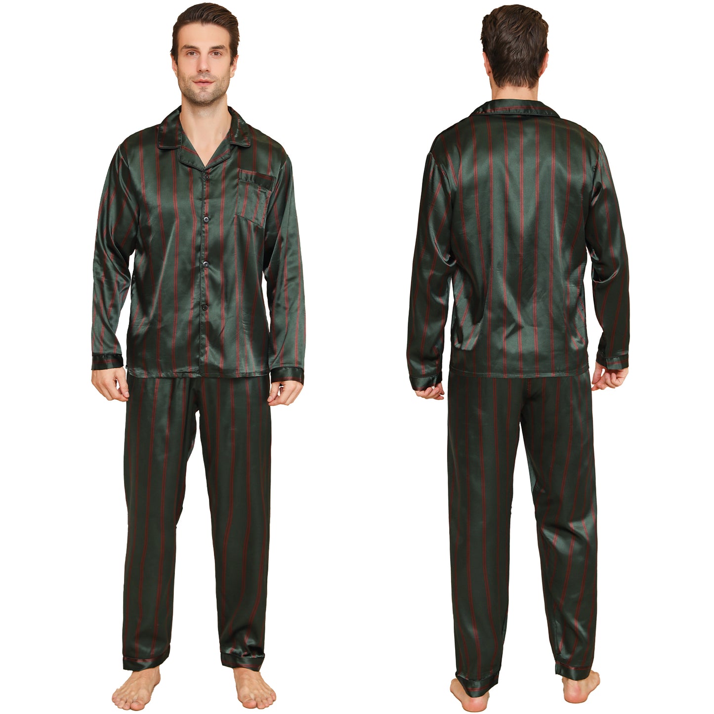 Men Satin Pajamas Set Long Sleeve & Long Pants Sleepwear with Pockets-KJ2037-M