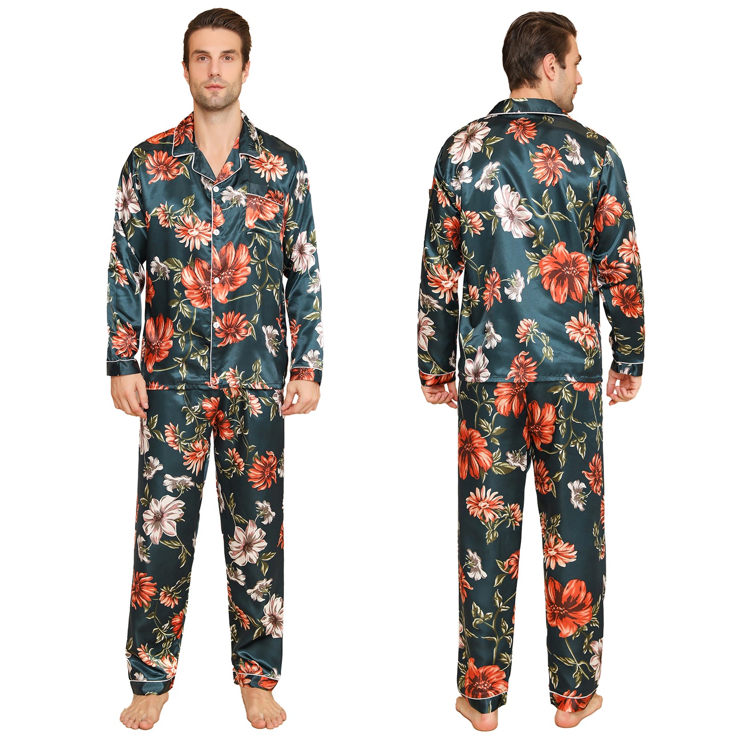 Men Satin Pajamas Set Long Sleeve & Long Pants Sleepwear with Pockets-KJ2032-M