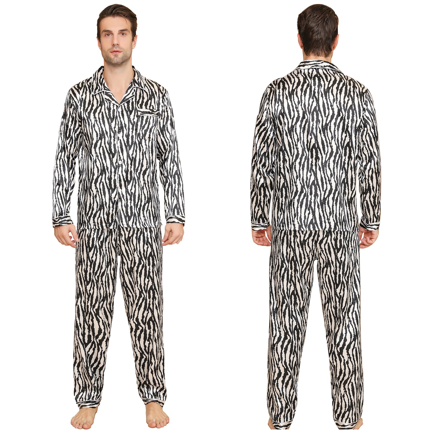 Men Satin Pajamas Set Long Sleeve & Long Pants Sleepwear with Pockets-KJ2033-M