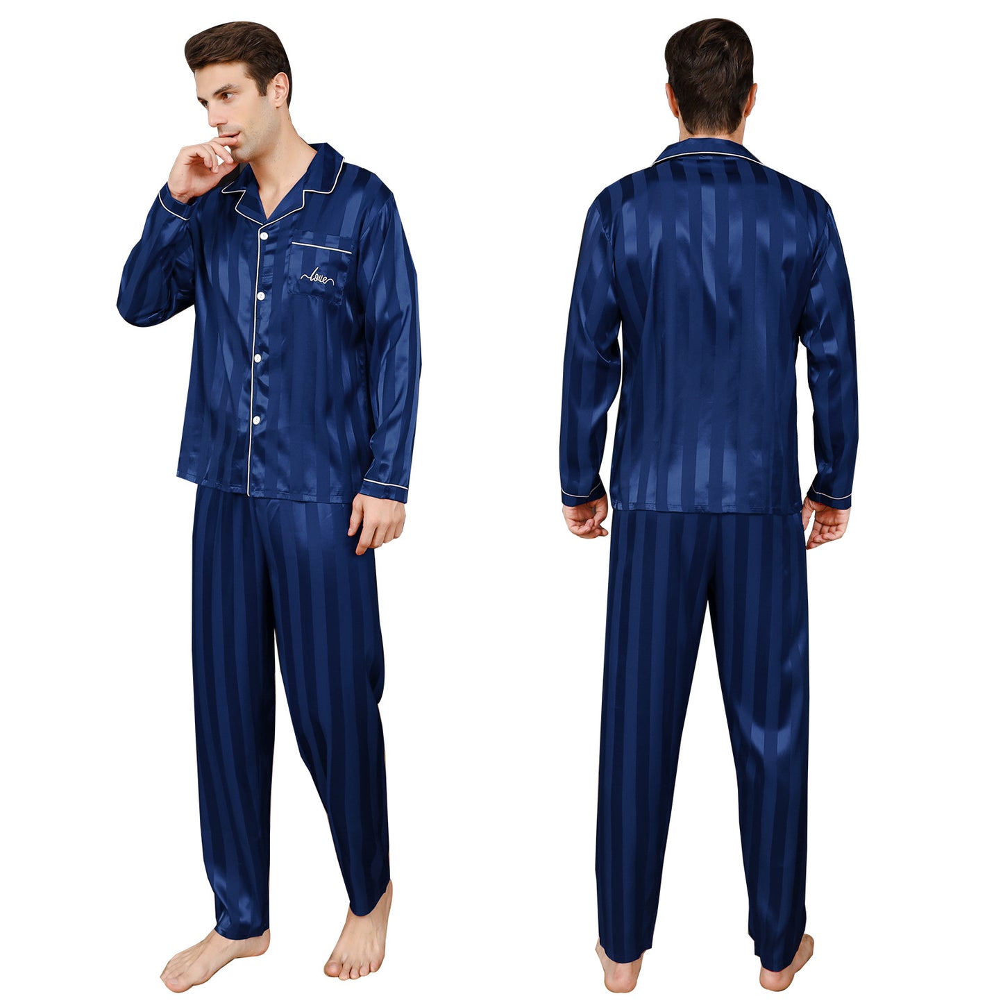 Men's Silky Satin Pajama Set Long Top Classic Sleepwear with Long Pants-KJ2025-M