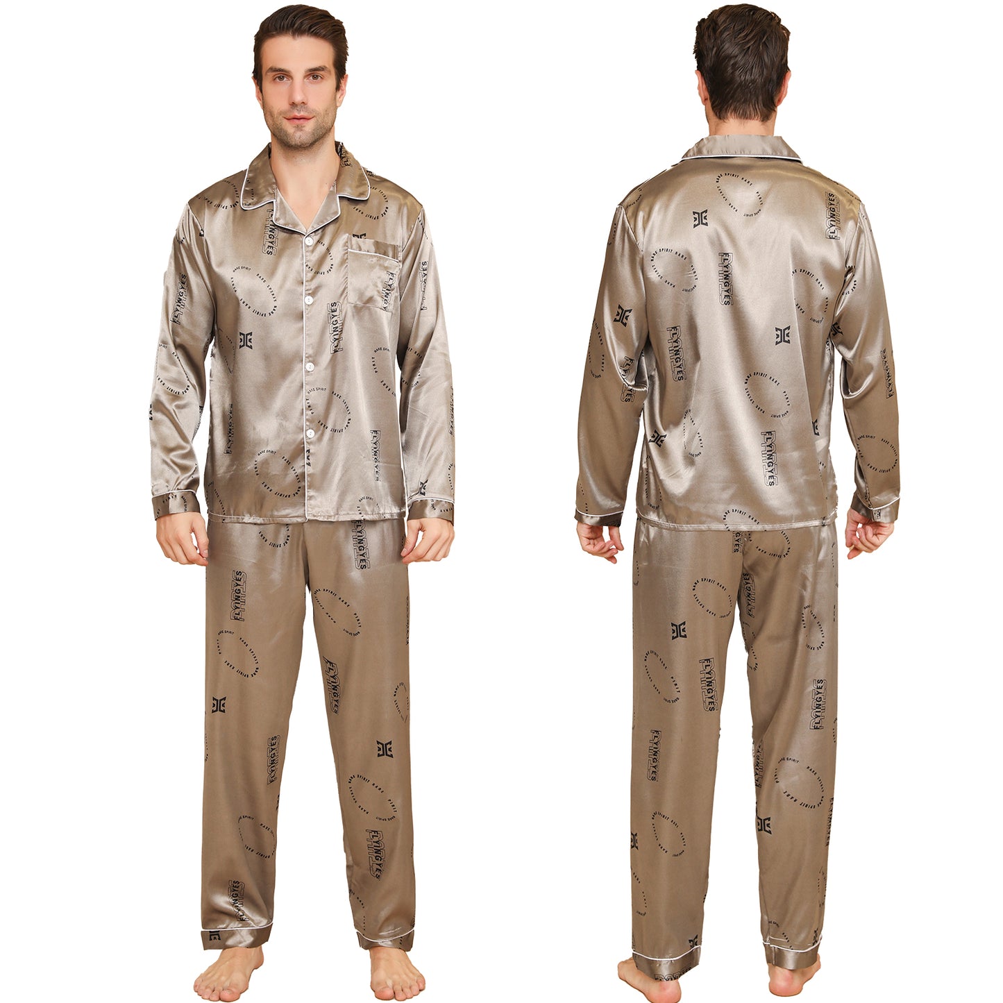 Men Satin Pajamas Set Long Sleeve & Long Pants Sleepwear with Pockets-KJ2038-M