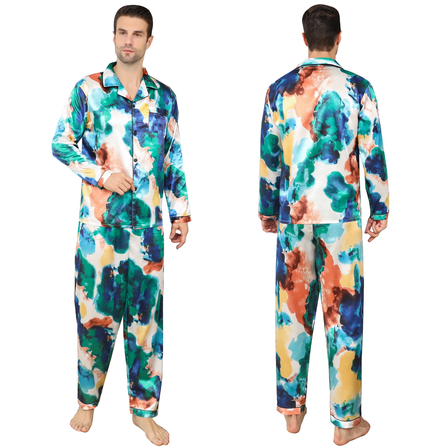 Mens Pajama Set Long Sleeve Sleepwear Silky Loungewear with Long Pants-KJ2026-M