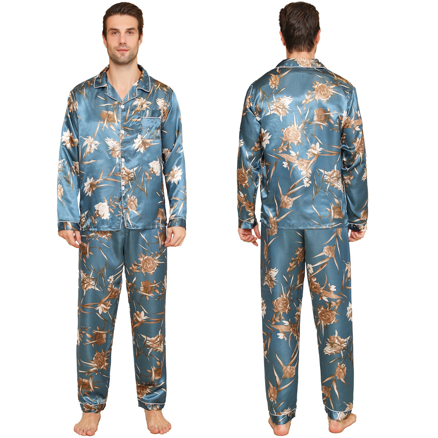 Men Satin Pajamas Set Long Sleeve & Long Pants Sleepwear with Pockets-KJ2034-M