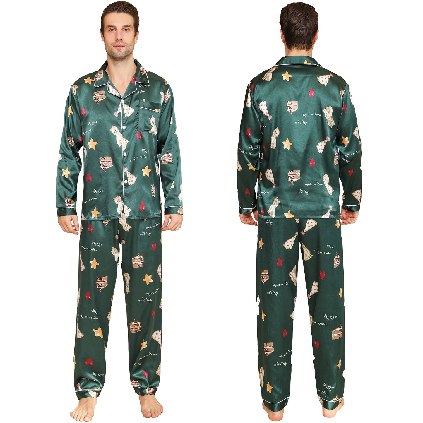 Men Satin Pajamas Set Long Sleeve & Long Pants Sleepwear with Pockets-KJ2036-M