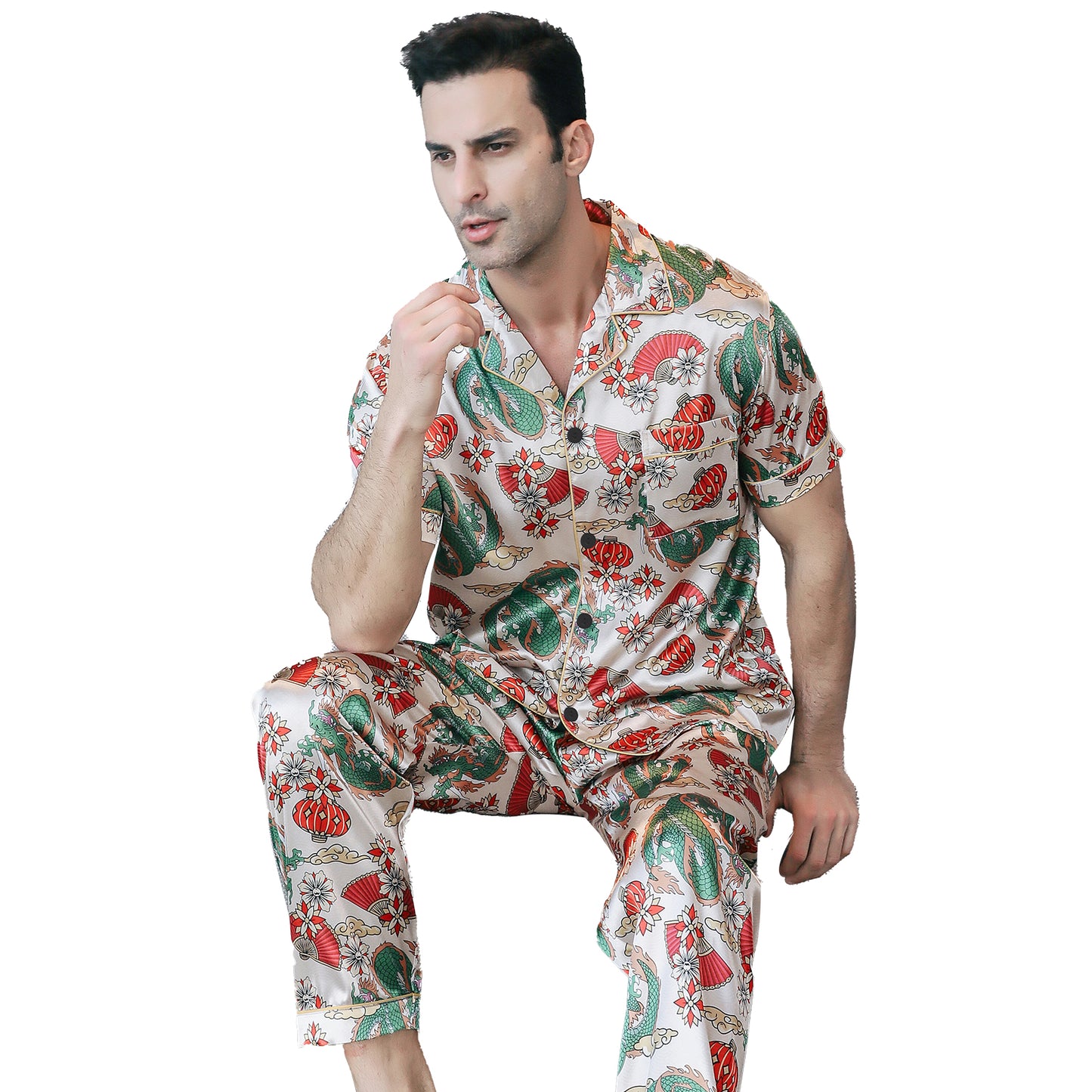 Mens Silky Pajamas Set Short Sleeve Top and Long pants Nightwear-KJ5010-M