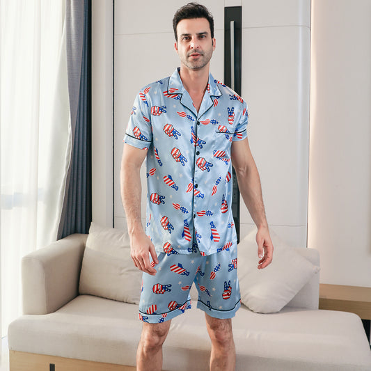 Men's  Silk Pajama Set Short Top & short Pants  Loungewear-KJ4048-M