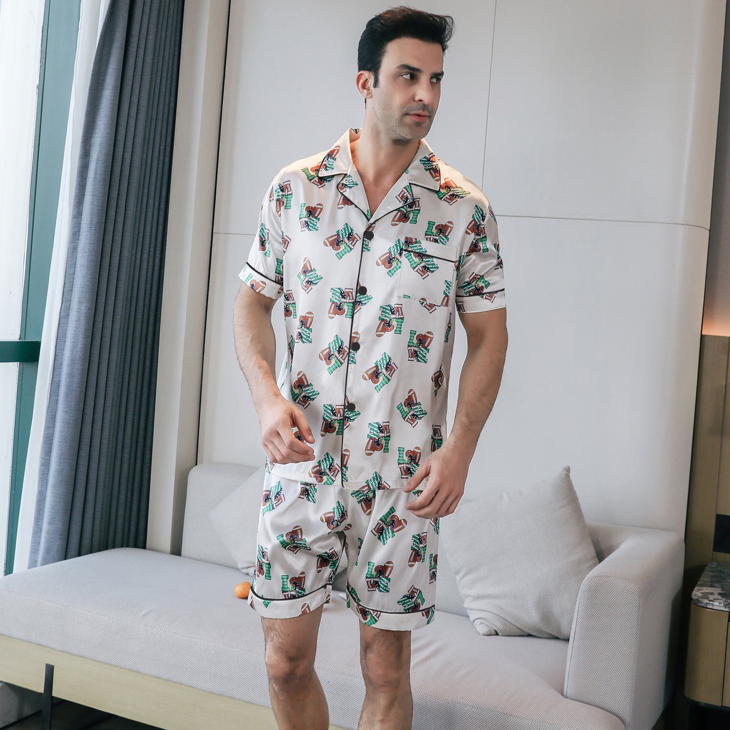 Mens Silky Pajamas Set Short Top & short pants Nightwear-KJ4008-M